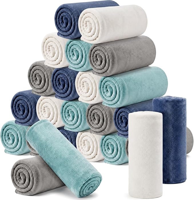 Tinideya Flannel Fleece Throw Blanket Bulk 50 x 60 Inch Soft Fleece Blanket Warm Throw Blankets Coral Blankets for Couch Sofa Home Wedding Gifts Season(Serenity Color,24 Pcs)