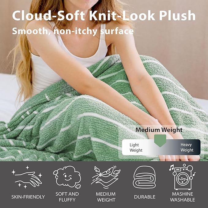 DEZ FURNISHINGS Oversized Cozy Knit Look Cloud-Soft Plush Printed Fleece Throw Blanket, Lightweight & Breathable, Queen (90" x 90"), Sage Green Stripe