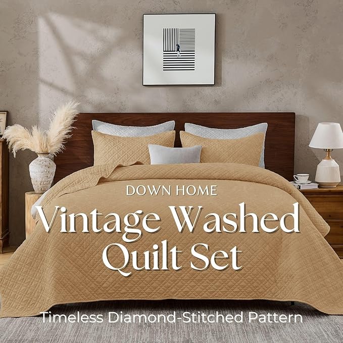 Queen Quilt Set with Shams Lightweight Quilted Bedspread Coverlet Thin Comforter Bed Cover Vintage Washed Quilted Blanket for All Season, Brushed Microfiber Diamond Stitching, Brown, 88"x92"