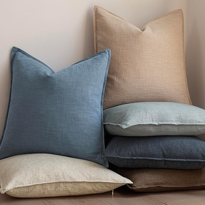 Foindtower Set of 2, Decorative Linen Soild Throw Pillow Covers Soft Accent Euro Cushion Case Boho Farmhouse Neutral Pillowcase for Couch Sofa Bedroom Living Room Home Decor 24 x 24 Inch Misty Blue