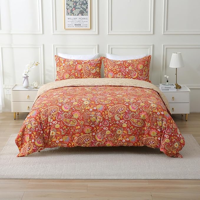 ABREEZE Paisley Bedding Sets 3Pcs Brushed Cotton Duvet Cover Set Cal.King Size Rustic Damask Red Floral Comforter Cover with Zipper Closure Boho Bedding Collections