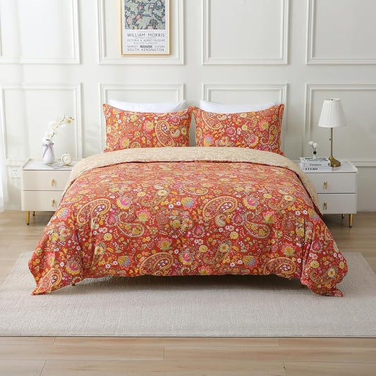 ABREEZE Paisley Bedding Sets 3Pcs Brushed Cotton Duvet Cover Set Full Size Rustic Damask Red Floral Comforter Cover with Zipper Closure Boho Bedding Collections