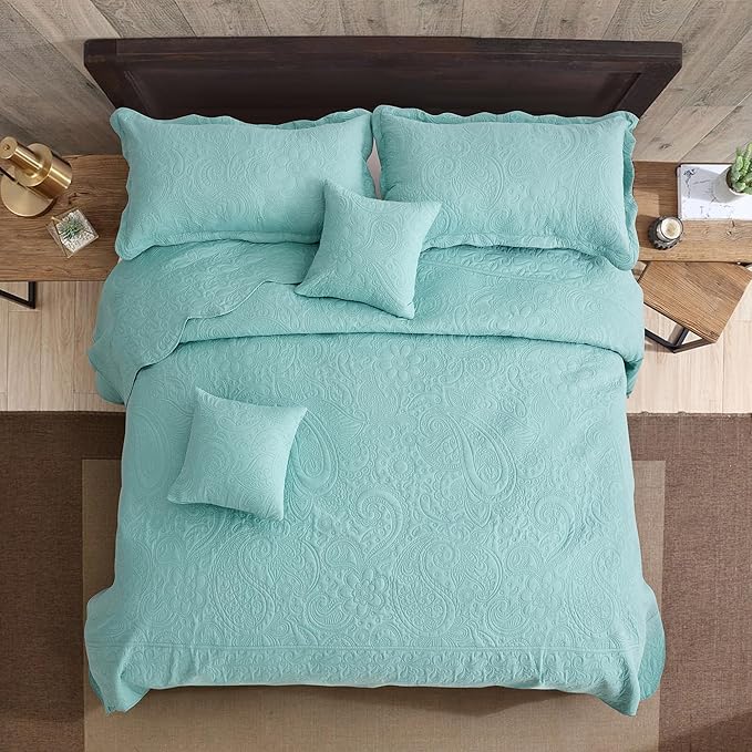 Oversized King Bedspread, Ultrasonic Lightweight Bedding Cover, Paisley Pattern, Reversible, 5 Piece, 100% Microfiber, Seaglass