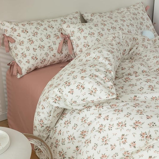Floral Duvet Cover Twin Pink Floral 3 Piece Twin Girl Cottagecore Bedding Set with 2 Bow Tie Pillowcases,Room Decor Vintage Flowers Comforter Cover Princess for Teens Dorm