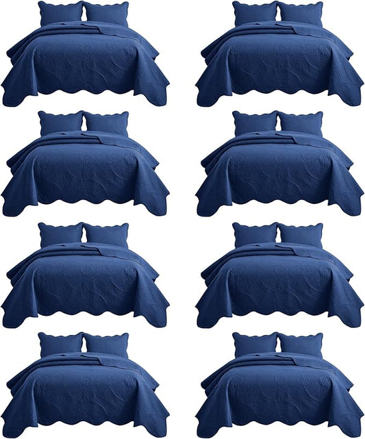 IR Imperial Rooms 8 Pack California King Quilt Bedding Set (118"x106") - Bulk Wholesale for Hotels, Guest Bedroom & Airbnbs - Microfiber Reversible Floral Embossed Quilts Bedspreads (Navy)