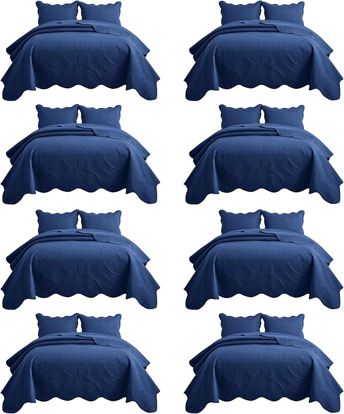 MOONLIGHT20015 8 Pack California King Quilt Bedding Set (118"x106") - Bulk Wholesale for Hotels, Guest Bedroom & Airbnbs - Microfiber Reversible Floral Embossed Quilts Bedspreads (Navy)