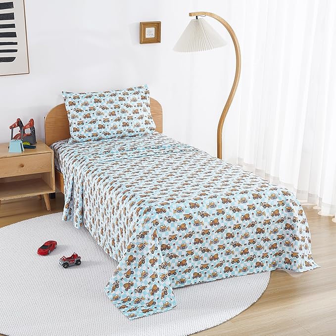 Kids Sheet Set Full Size, Full Sheet Set with Grid Excavator Pattern，Breathable Silky Soft Microfiber Kids Fitted Sheet