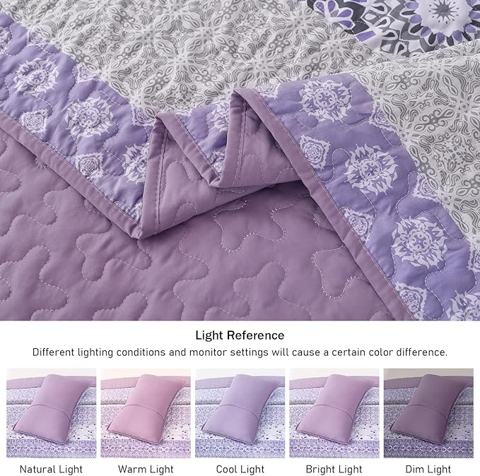 WONGS BEDDING Boho Quilt Set King, Lavender Purple Striped Patchwork Bedspread Coverlet Set with 2 Pillowcases,Bohemian Microfiber Floral Bedding Set 104"×90"
