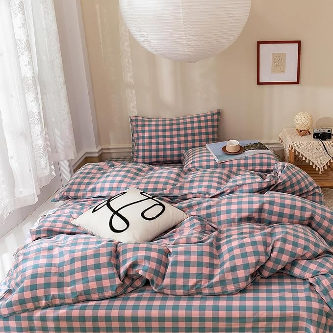 mixinni Plaid Duvet Cover Set Queen Purple - Soft Washed Cotton Modern Geometric Bedding Set with 2 Pillowcases, Pink Blue Gingham Grid Queen Duvet Cover for Men & Women, Soft & Lightweight