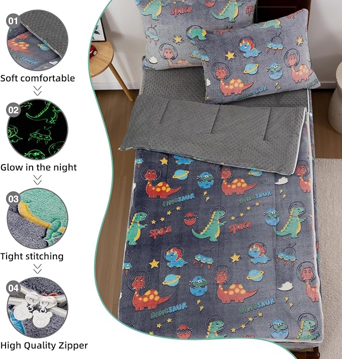 A Nice Night Dinosaur Printed Plush Zippered Comforter Set,Zipper Bedding Glow in The Dark for Child, Galaxy Theme,Twin