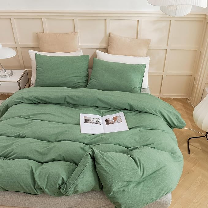 ECOCOTT Sage Green Duvet Cover Full Size, 100% Washed Cotton 3-Piece Bedding Set - Ultra Soft, Breathable & Easy Care with Zipper Closure and 2 Pillowcases (No Comforter)