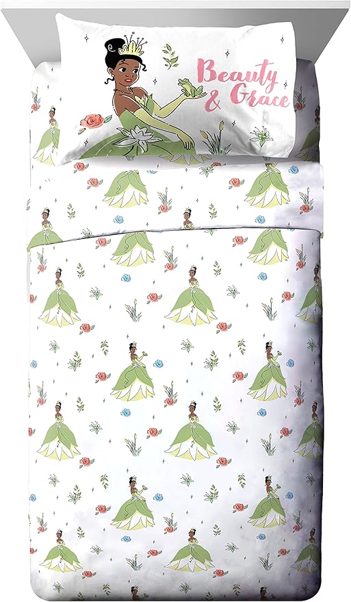 Jay Franco The Princess and The Frog Beauty & Grace 5 Piece Twin Size Bed Set - Includes Comforter & Sheet Set Featuring Tiana - Super Soft Bedding Fade Resistant Microfiber (Official Product)