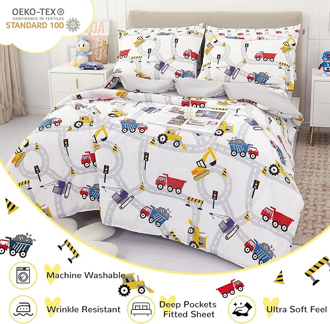 Viviland Kids Full Bedding Sets for Boys, Girls Soft Full Comforter Set with Sheets, 7 Pieces Microfiber Bed in a Bag, White Car Excavator