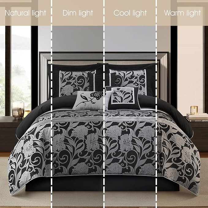Grand Avenue Black Sliver Comforter Set Queen Size, 7 Piece Jacquard Floral Bedding Set, All Season, Ultra-Soft, Matching Pillows & Shams, Bed Skirt