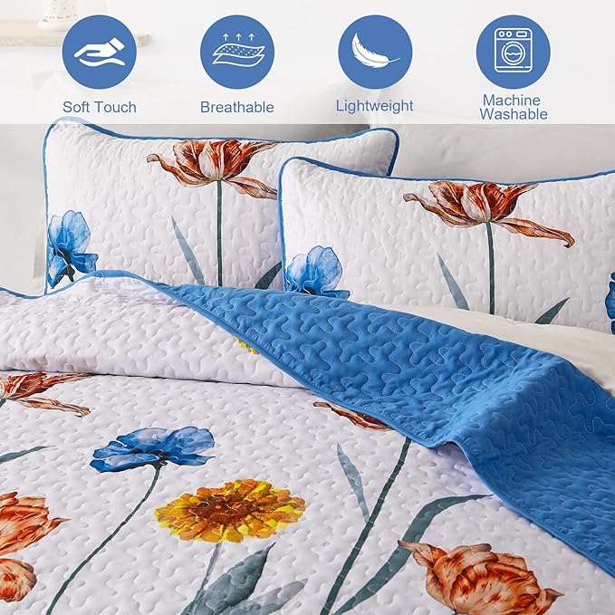 WONGS BEDDING Blue Quilt Set King Size,Cute Floral Botanical Bedspread Bedding Set with 2 Pillowcase,Lightweight Farmhouse Coverlet Set for All Season (104"x90")