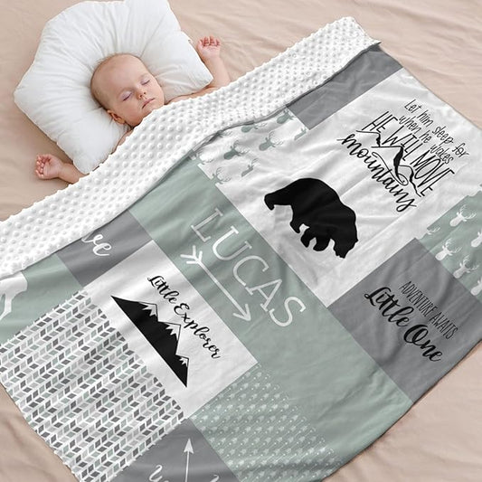 Baby Blanket with Name, Polyester Micro Soft Plush Baby Blankets for Boys with Print Animal Pattern and Soothing Raised Dots, Double Layer Bed Throws for Crib, Bear and Deer, Green, 35x45 Inches
