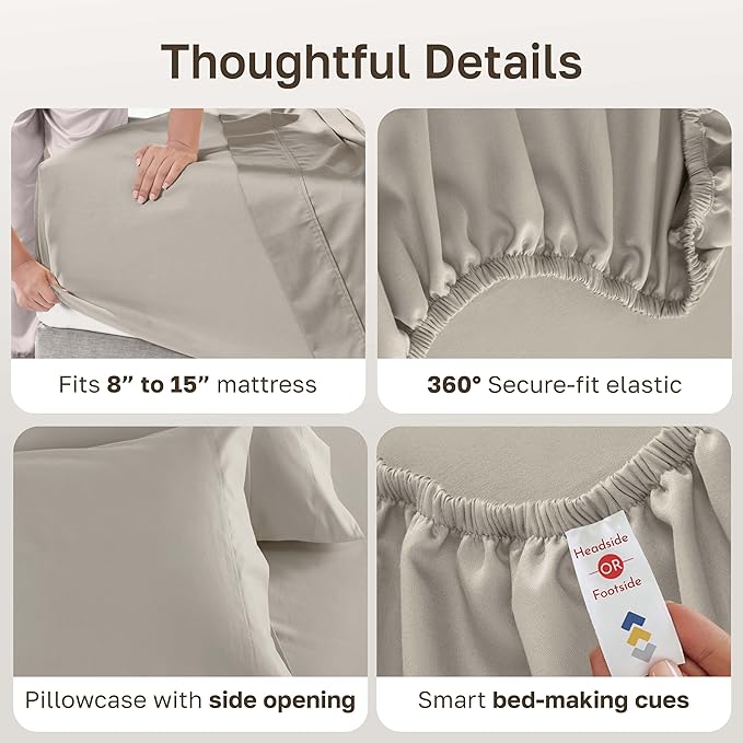 California Design Den Natural 100% Cotton Sheets Twin Size Bed Set - Luxury 600 Thread Count Sateen, Hotel Quality Fully Elasticized Deep Pocket Twin Cotton Sheets, Cool and Durable - Soft Linen