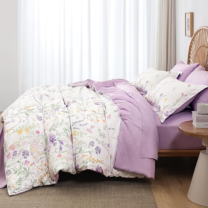 Yiran 7 Piece Floral Full Size Comforter Set, Purple Flower Comforters Bedding Set Aesthetic Botanical Bed in a Bag for Women Girls, Soft Microfiber Cottagecore Farmhouse Bed Set with Sheets