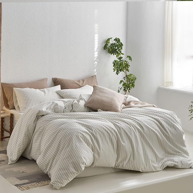 MooMee Striped Duvet Cover Set 100% Washed Cotton Linen Like Textured Breathable Durable Soft Comfy (White Sage Green Wide Stripes, Super King 108"x98")