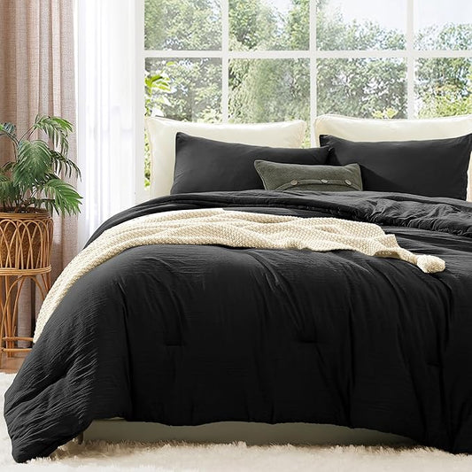 WRENSONGE King Size Comforter Set - 3 Pieces Prewashed Black Comforter Soft Lightweight for All Seasons,Fluffy Down Alternative Comforter King Size with 2 Pillow Shams