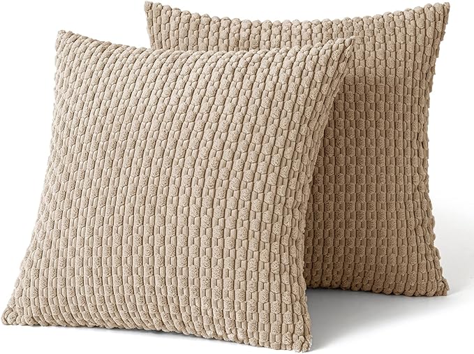 MIULEE Pack of 2 Decorative Throw Pillow Covers 16x16 Inch Soft Boho Striped Textured Corduroy Pillow Covers Modern Farmhouse Home Decor for Couch Bed Sofa Living Room Neutral Tan