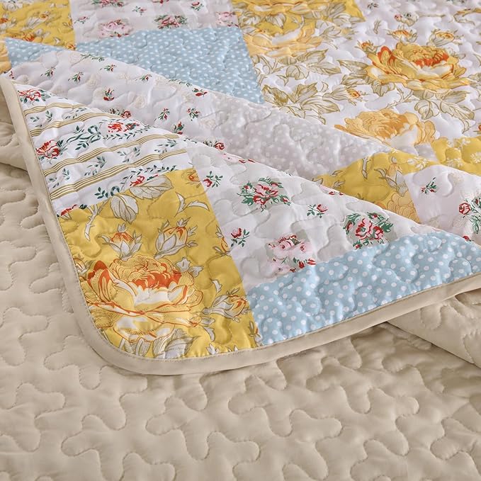 Anibedding Yellow Patchwork Quilt Set King Size Boho Floral Plaid Bedspread Coverlet Set, Soft Microfiber Bedding Set Summer Bed Cover, Yellow & Blue Patchwork Farmhouse Bedspread for All Season