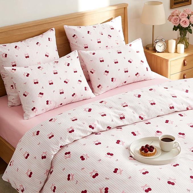 Nayoroom Pink Striped Bow Duvet Cover Queen Size Red Cherry Duvet Cover 3 Pieces Soft Lightweight Microfiber Girls Cute Aesthetic Dorm Bedding Set with Zipper Closure