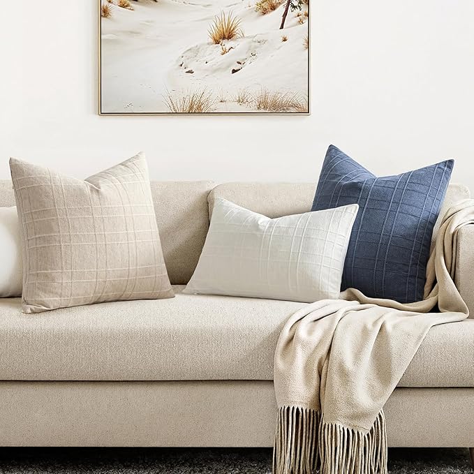 MIULEE Decorative Linen Check Euro Shams Throw Pillow Covers Neutral Farmhouse Vintage Pillow Covers 24x24 Set of 2 Boho Modern Home Decor for Sofa Couch Bedroom Cushion Cream White