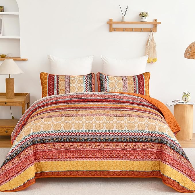 WONGS BEDDING Boho Stripe Quilt Set Queen Size, 3 Pieces Orange Bohemian Quilt Sets, Lightweight Soft Microfiber Bedspread Coverlet Bedding Set for All Season (96"x90")