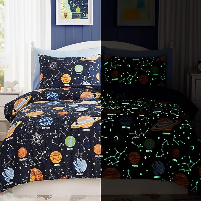 Full Size Comforter Set for Boys-7 Pieces Space Glow in The Dark Full Bedding Sets for Kids, Ultra Soft Bed in A Bag with Sheets