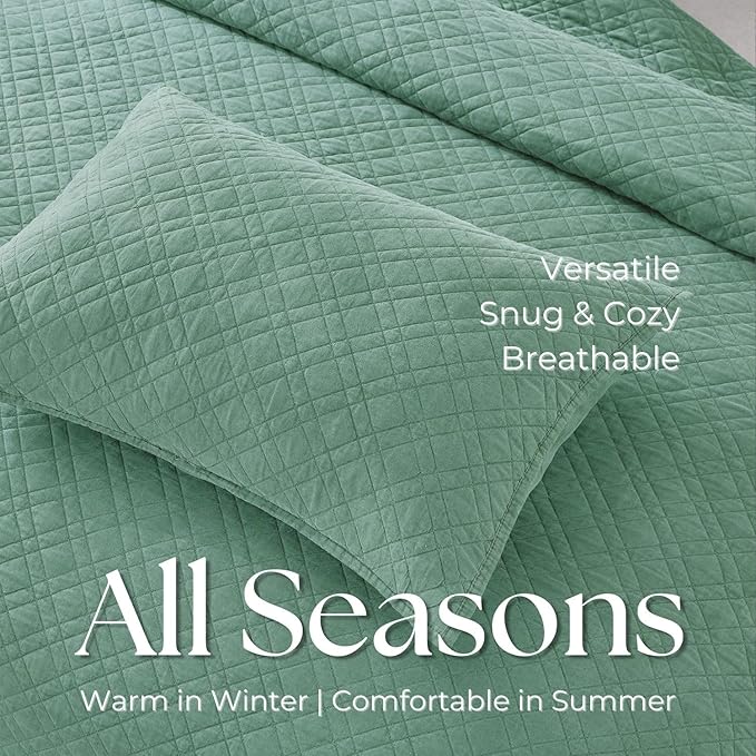 King Quilt Set with Shams Lightweight Quilted Bedspread Coverlet Thin Comforter Bed Cover Vintage Washed Quilted Blanket for All Season, Brushed Microfiber Diamond Stitching, Green, 104"x92"