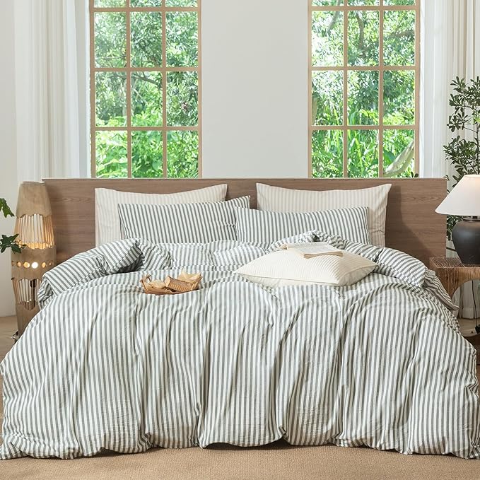 MooMee Striped Duvet Cover Set 100% Washed Cotton Linen Like Textured Breathable Durable Soft Comfy (Heathered Green Classic Stripes, King 104"x90")