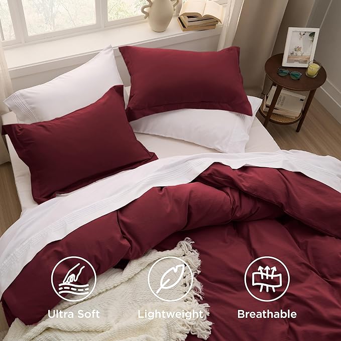 Bedsure Winery Duvet Cover Queen Size - 3 Pieces Prewashed Extra Soft Bedding Set, Includes 1 Duvet Cover 90x90 Inches with Zipper Closure & 2 Pillow Shams, Comforter Not Included