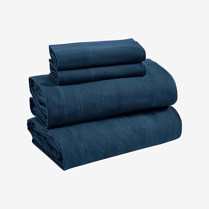 Superior Flannel Cotton Bed Sheet Set, Set Includes: One Flat Sheet, One Fitted Sheet and One Pillowcase, Breathable, Modern Solid Classic, Twin, Navy Blue