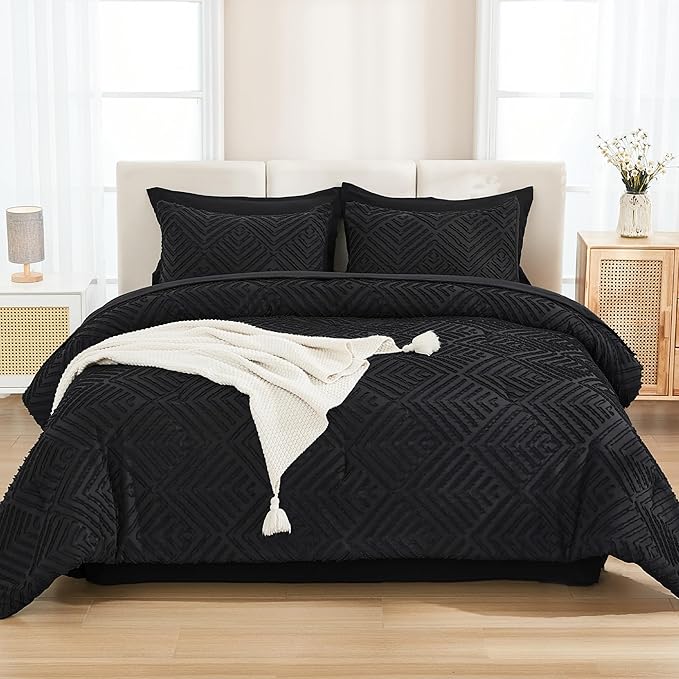Andency Queen Comforter Set 7 Piece Black - Bed in a Bag Queen Boho Lightweight Fluffy Tufted Bedding Sets with Comforter, Sheets, Pillowcases & Shams