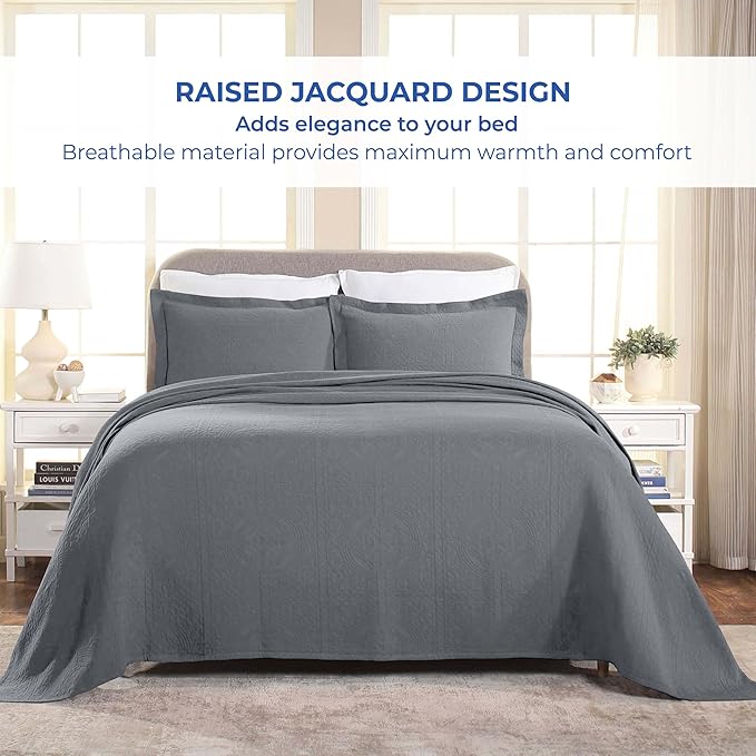 Superior Cotton Fleur De Lis Bedspread Set, Warm Blankets, All-Season Bedding, Bedroom Decor, Decorative Boho Medallion Coverlet, Includes 1 Bedspread, 2 Pillow Shams, King, Grey