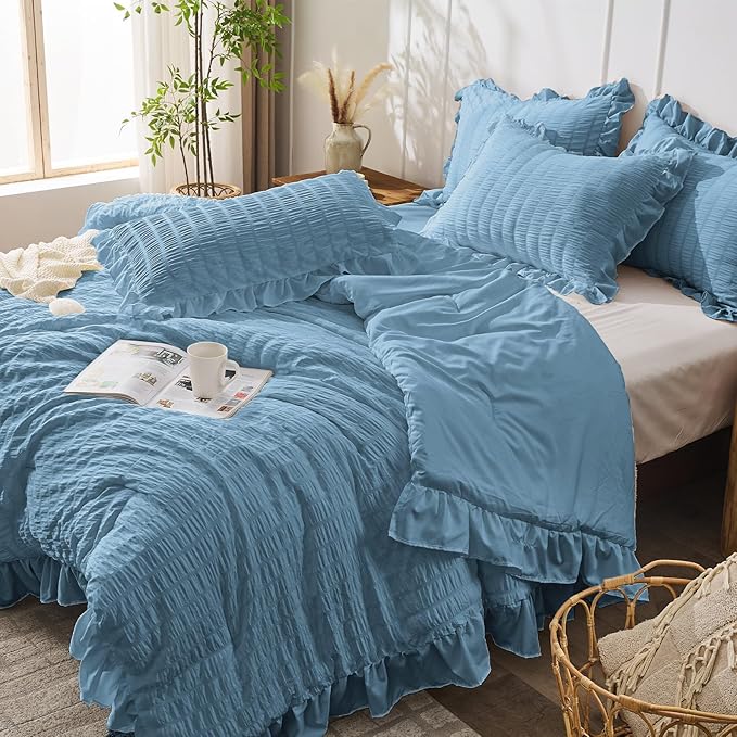 JOLLYVOGUE Queen Comforter Set, 3 Pieces Sea Blue Seersucker Comforters Queen Size, Lightweight & Fluffy Bedding Sets for All Season with 1 Ruffle Comforter and 2 Ruffle Pillowshams