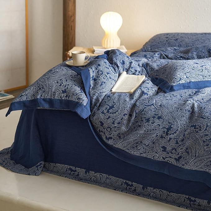 mixinni Muslin Cotton Vintage Navy Blue Paisley Floral Duvet Cover Queen Size 3pcs Yarn Dyed Burgundy Jacquard Weave Bedding Comforter Cover Soft Breathable Bedding Sets for All Season-Queen Size