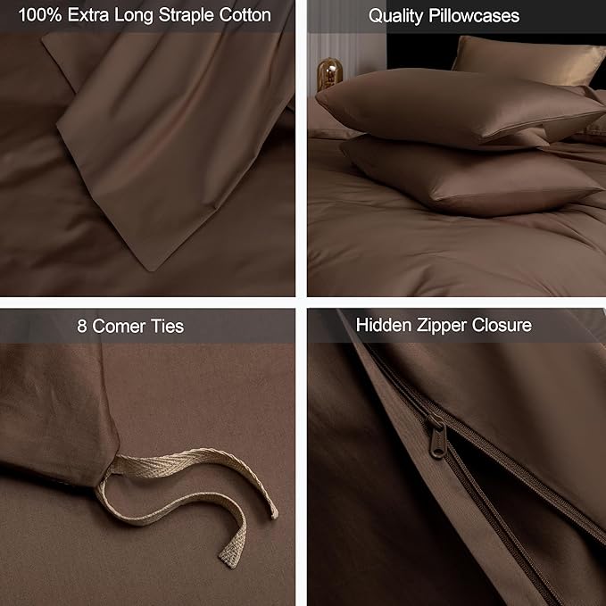 MooMee Duvet Cover Set 100% Extra Long Staple Cotton 600 Thread Count Silky Sateen Smooth Luxury Soft Breathable Durable Hotel Quality Bedding, 3 Pieces (Chocolate Brown, Super Queen 90"x98")