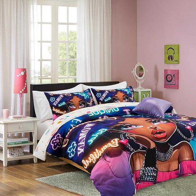 A Nice Night 6pcs Comforter Sets,Black Girl with Fashionable Attire Printing, Printed with Letters Background Kids Bedding Set,Full