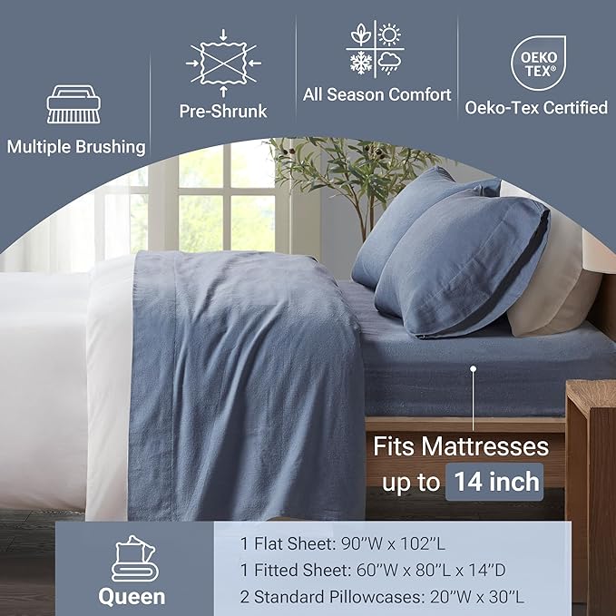 True North by Sleep Philosophy Cozy Flannel Warm 100% Cotton Sheet - Novelty Print Animals Stars Cute Ultra Soft Cold Weather Bedding Set, Queen, Blue Solid 4 Piece