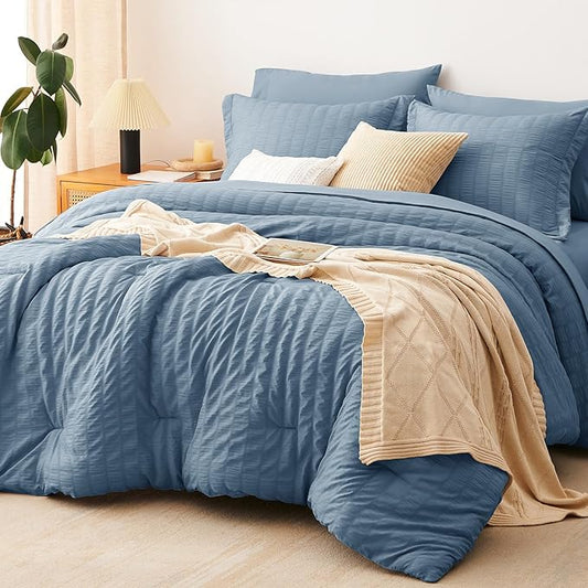 CozyLux Grayish Blue Queen Comforter Set Seersucker 7 Pieces Dusty Blue Bed in a Bag Queen Comforter Set with Sheets, Luxury Bedding Set with Down Alternative Comforter, Sheets, Pillowcases & Shams