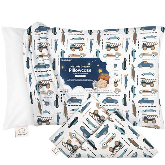 KeaBabies Toddler Pillowcase 13"x18" - Organic Cotton Toddler Pillowcase for Kids, Boys, Girls, Soft & Durable Cotton Cover for Miniature Sleepy Pillows, Cute Colors, Pillow Sold Separately (Vroom)