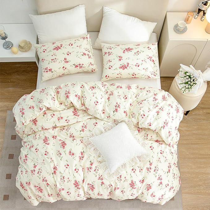 CottonLife Floral Queen Duvet Cover 100% Brushed Microfiber 3 Pieces Queen Bedding Sets, Red Floral Chic Garden Style Floral Pattern Queen Duvet Set Print with Zipper Closure