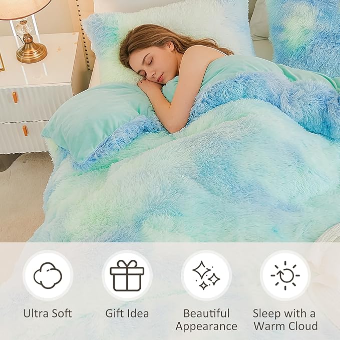 EMME Luxury Blue Fuzzy Duvet Cover Set Twin Size Fluffy Comforter Cover Set 2 Pieces Shaggy and Plush Soft Bedding Duvet Covers (Tie Dye Blue, Twin)