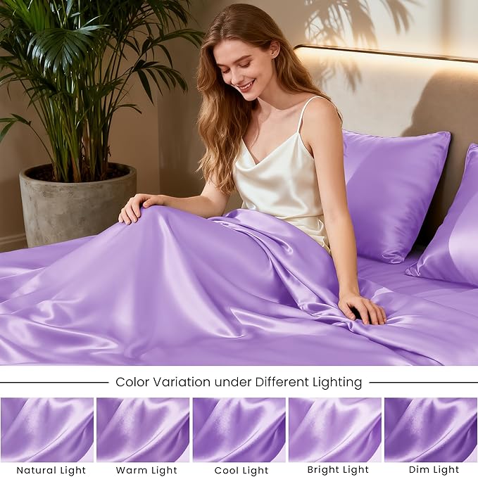 Love's cabin Twin XL Satin Sheet Sets - 3 Piece Lavender Silky Bed Sheets with Deep Pockets, Luxury Silk Feel Satin Sheet Set Twin XL (1 Flat Sheet,1 Fitted Sheet,1 Pillow case)