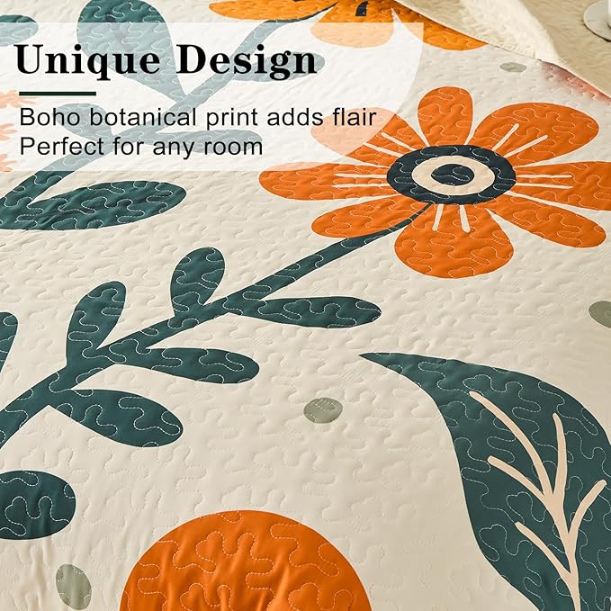 Yogeneg King Quilt Bedding Set,White Orange Botanical Pattern Beige King/Cal King Quilt Set,3 Piece Lightweight Soft Summer Bedspread Coverlet with 2 PIillow Shams,All Season(Beige,110"x96")