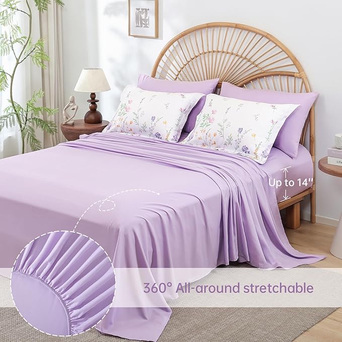 Yiran Floral Comforter Set King Size, Purple 7 Piece Cute Flower Comforters Bed in a Bag Lavender, Soft Microfiber Complete Aesthetic Botanical Bedding Set with Sheets for Women Girls