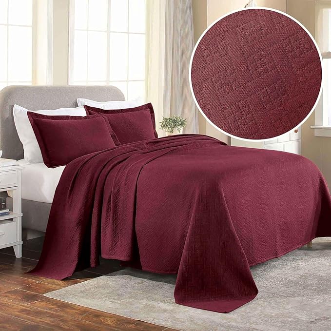 Superior 2 Piece Basketweave Cotton Bedspread Set, Home Bed Decor, Decorative Bed Spread, 1 Pillow Sham, Medium Weight Blanket, Matelasse Coverlet Bedding, Geometric Lattice Pattern, Twin, Garnet