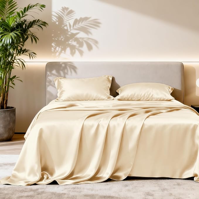 Love's cabin Full Size Satin Sheet Sets - 4 Piece Beige Silky Sheet Set with Deep Pocket, Luxury Silk Feel Satin Sheets Full Bedding Set (1 Flat Sheet,1 Fitted Sheet,2 Pillow Cases)
